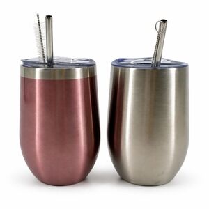 Stainless Steel Tumbler Set Rose Gold Silver Stemless Wine Glass Mug With Lids